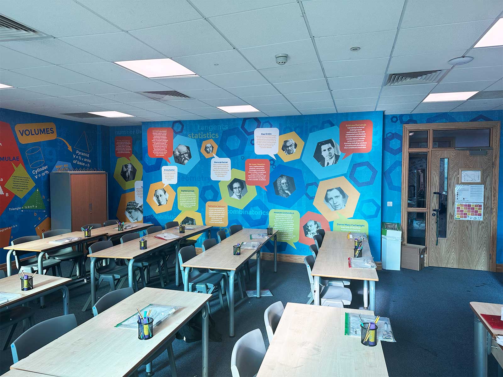 Floor to ceiling maths classroom wall art at Sheffield Springs Academy secondary school