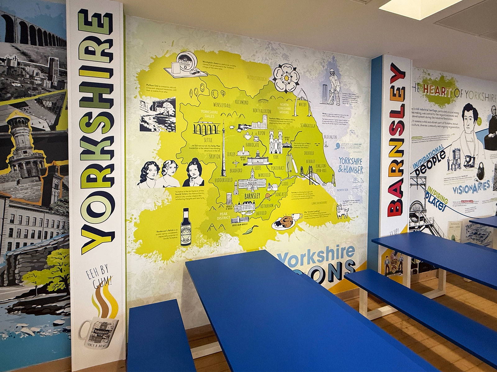 School canteen wall art showcasing Barnsley history and achievements