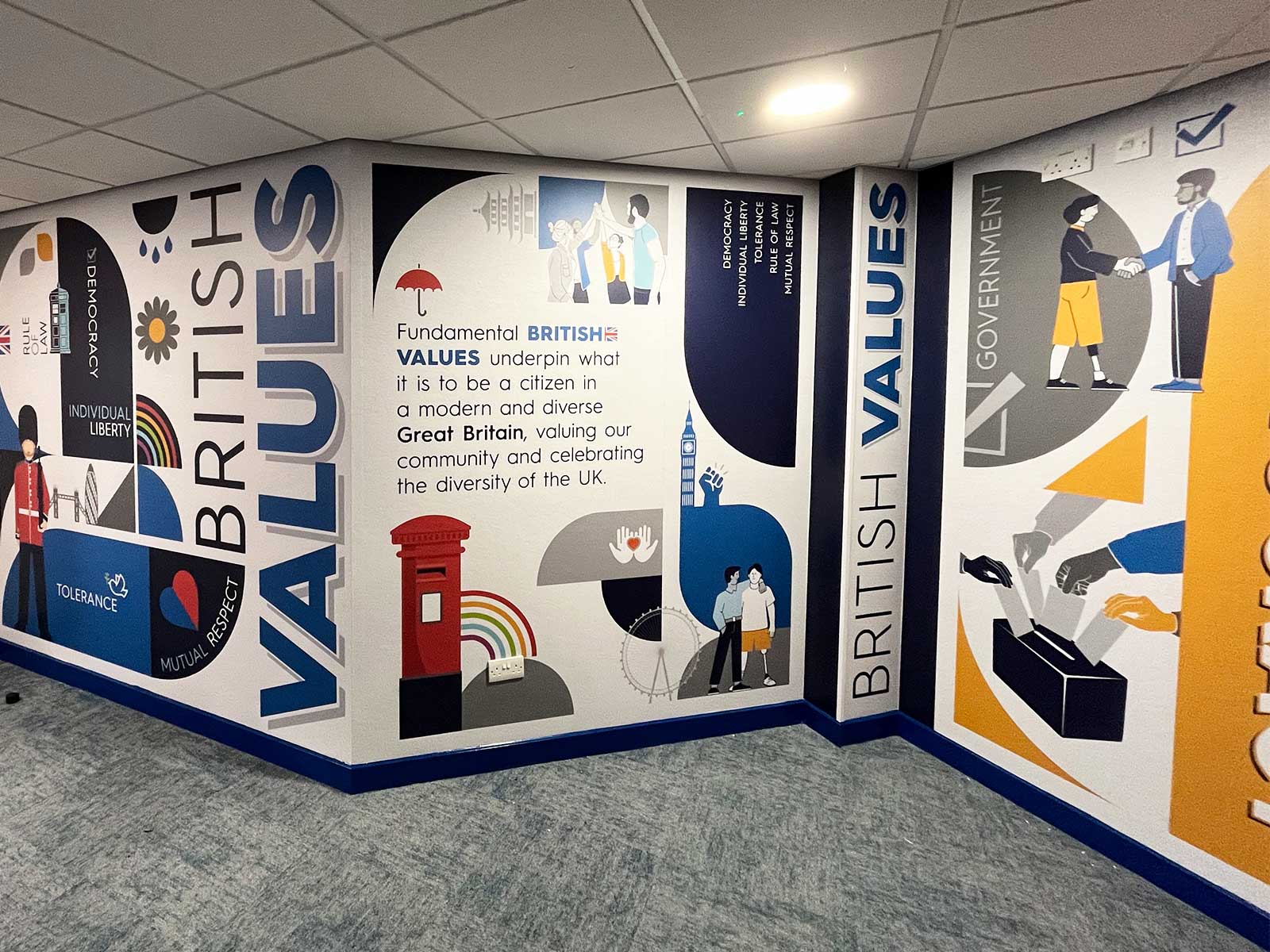 British values wall art installed in Barnsley Academy secondary school corridor