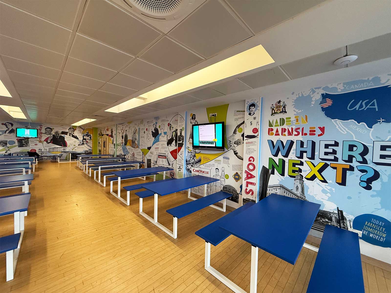School canteen wall art at Barnsley Academy celebrating local pride