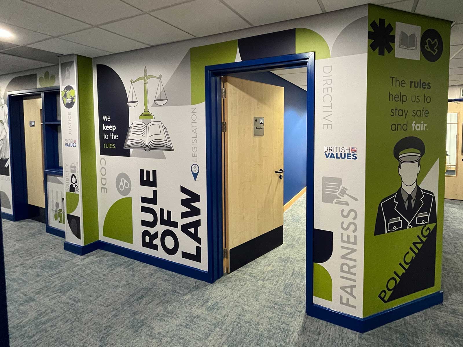 Calm reflections department featuring british values wall art and school branding