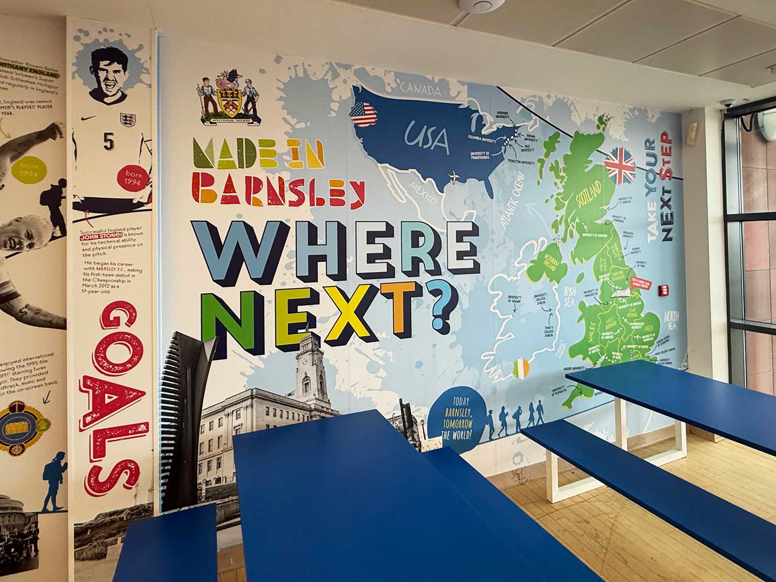 Inspirational school canteen wall art featuring UK university destinations