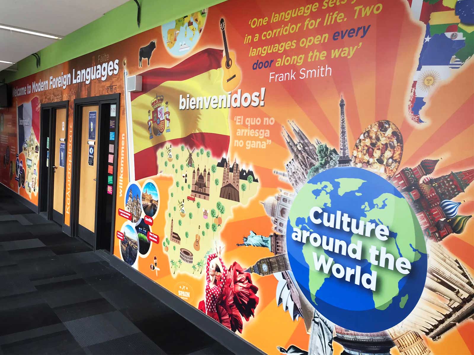 Educational wall art and languages wall graphics in secondary school corridor