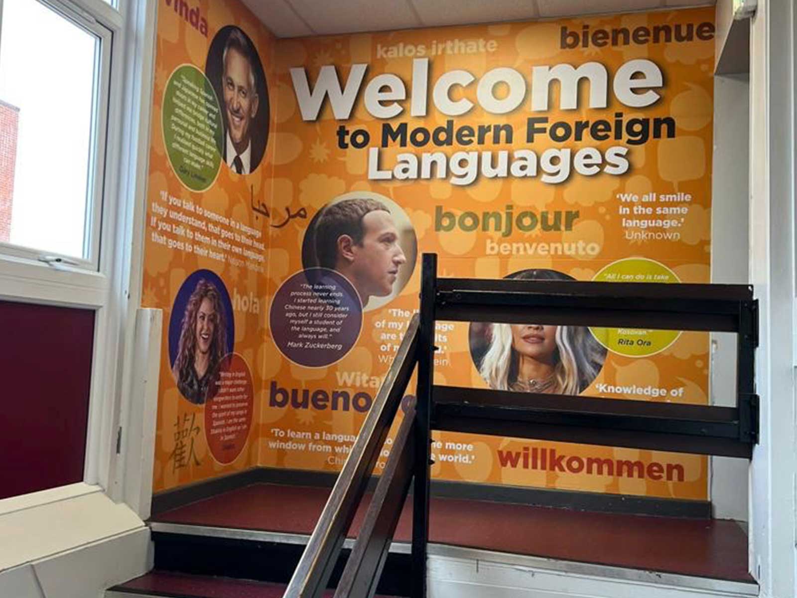 Languages wall graphics celebrating global culture at Harper Green School