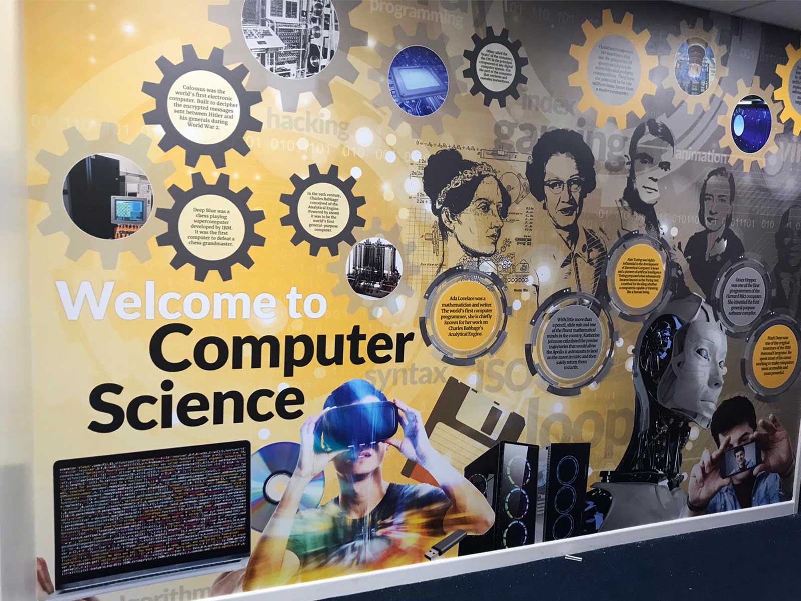 Computer science department welcome wall with history timeline of computer games
