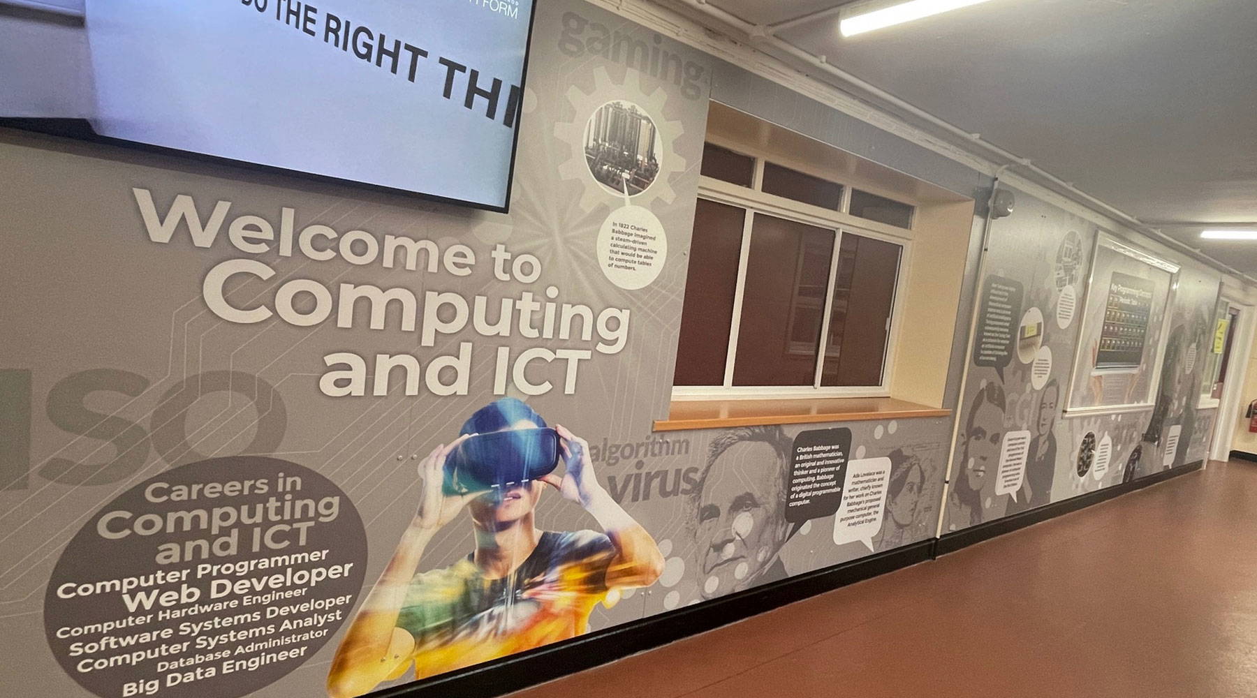 ICT corridor wall art entrance with bold school wall graphics design