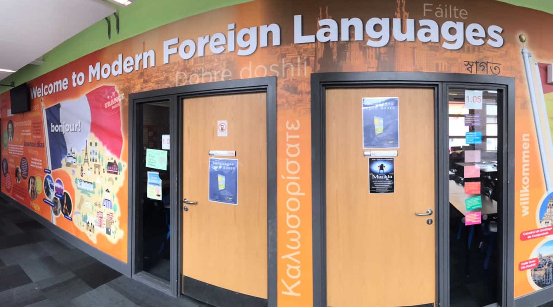 neale-wade-academy-languages-wall-graphics-feature-wall Languages wall graphics feature wall at Neale Wade Academy languages department