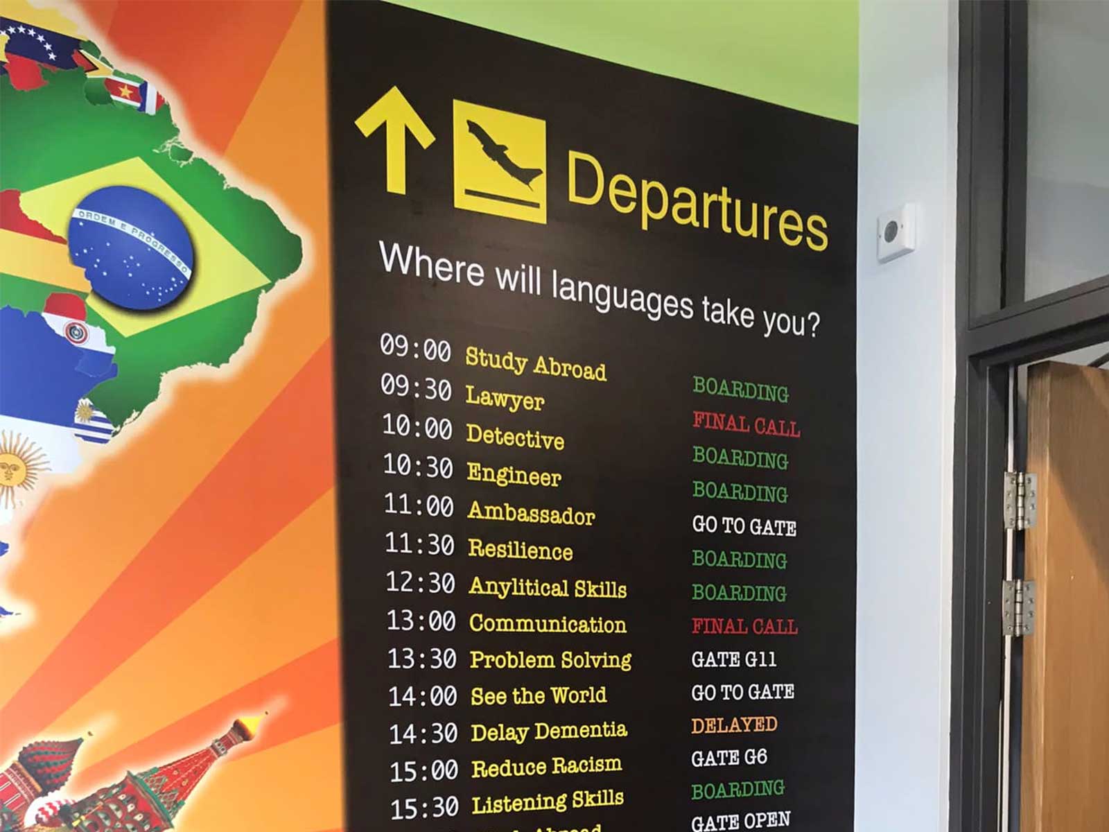 School branding and languages wall graphics installation at Neale Wade Academy