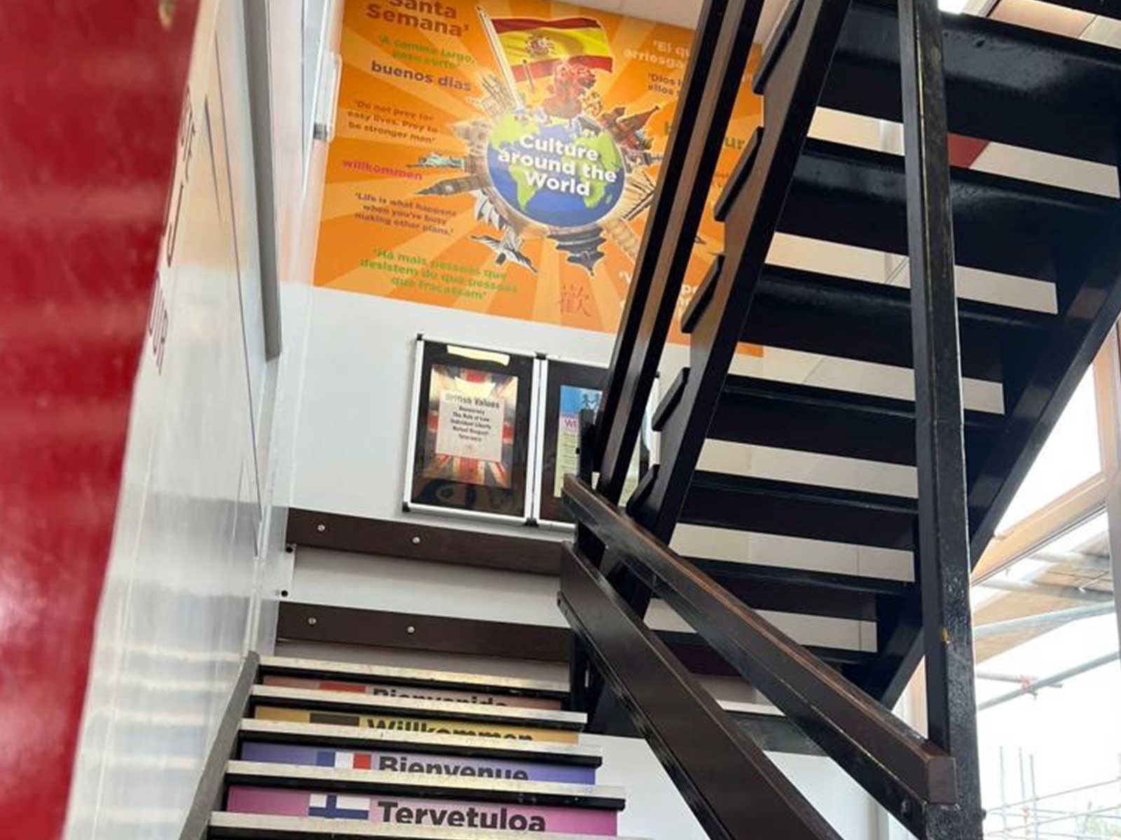 Learning environment design using languages wall graphics in stairwell