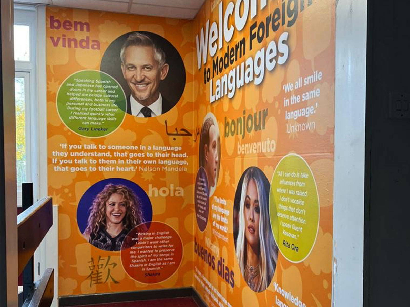 Secondary school corridor displays with languages wall graphics
