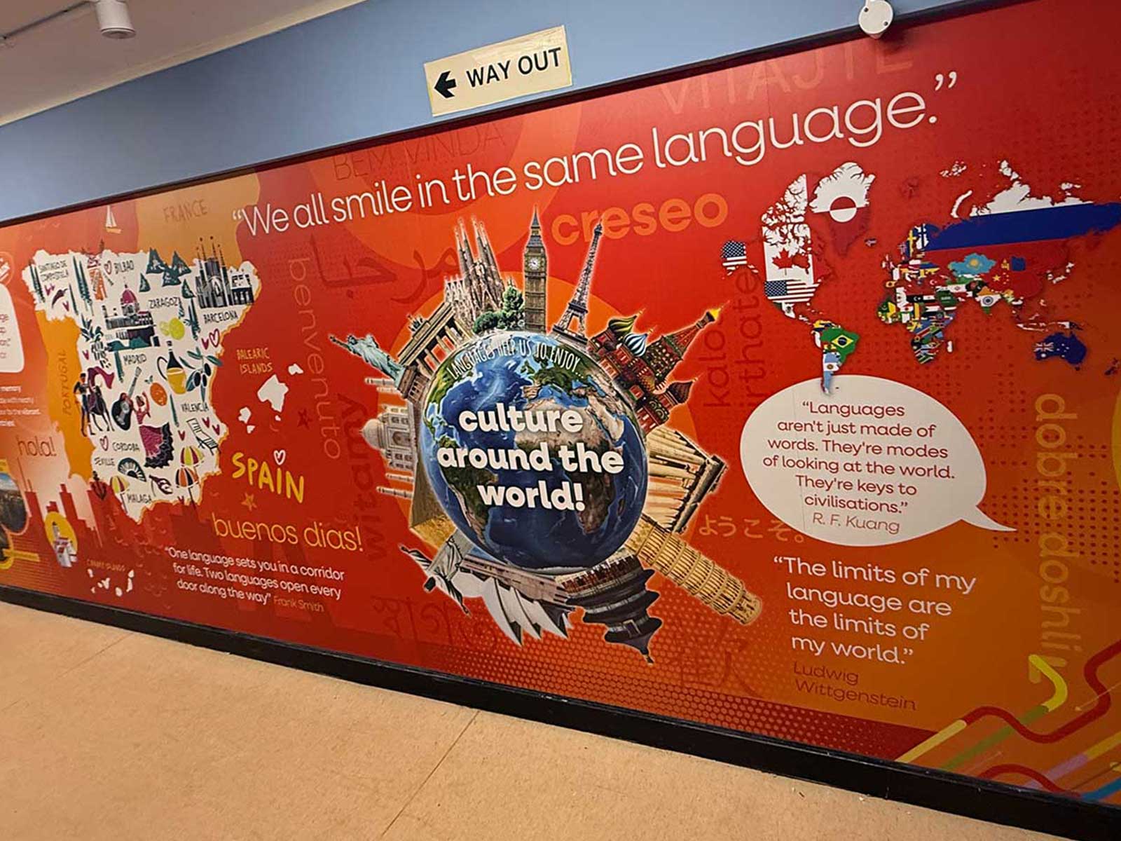 Secondary school learning environment design featuring MFL wall art